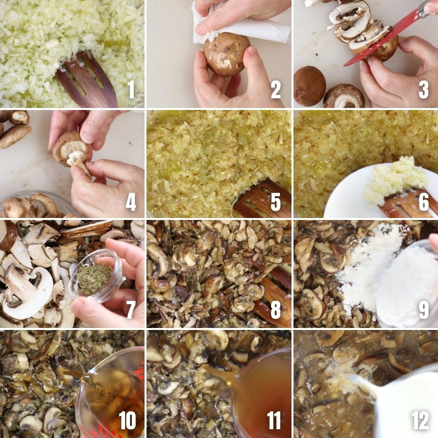 A series of pictures showing steps in making Homemade Cream of Mushroom Soup.