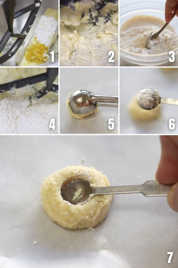 Collage of photos showing steps to making Lemon Curd Cookies.