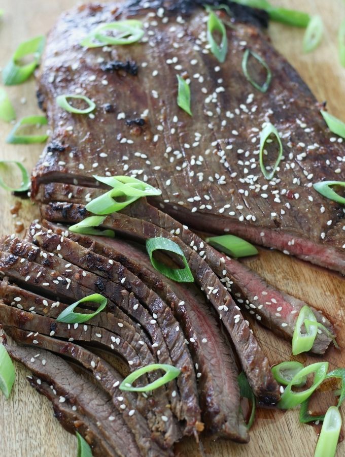 Cut steak that was marinated with Asian Steak Marinade and cooked in an Air Fryer.