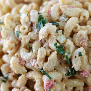 Up close photo of the noodles of Best Macaroni Salad.