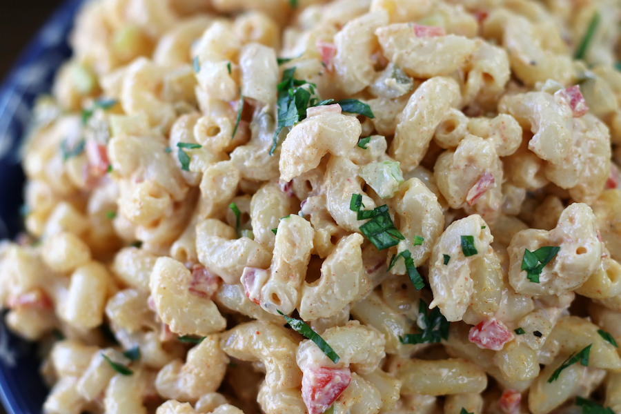 Up close photo of the noodles of Best Macaroni Salad.