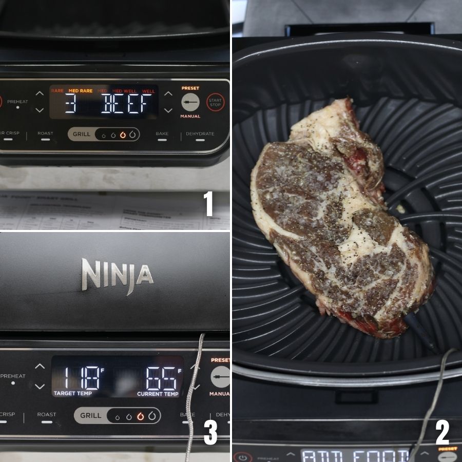 Collage of photos showing steps to cooking steak in the air fryer.