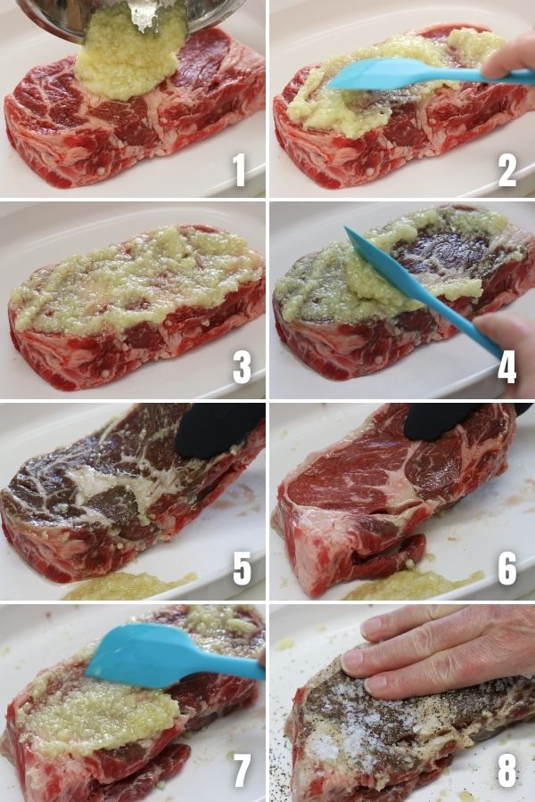 Photo collage showing steps in marinating ribeye before cooking in an air fryer.