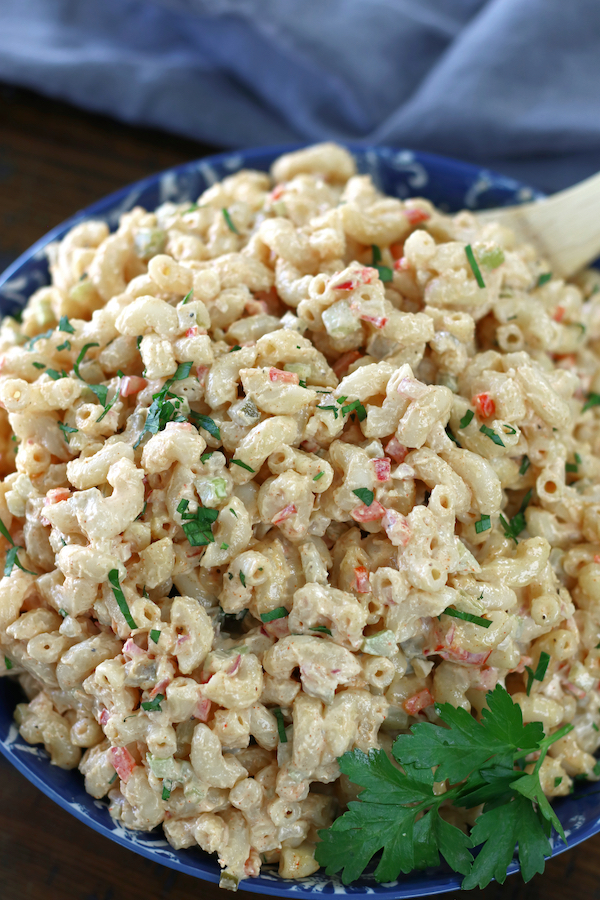 Pasta Salad with Mayo in a blue serving bowl.