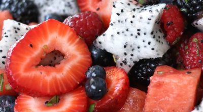 Berry Fruit Salad with dragonfruit cut into stars.