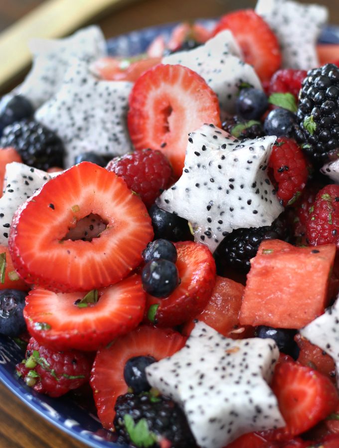 Berry Fruit Salad with dragonfruit cut into stars.