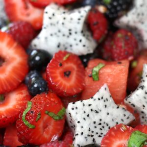 Dragonfruit Salad with the dragonfruit cut onto stars.