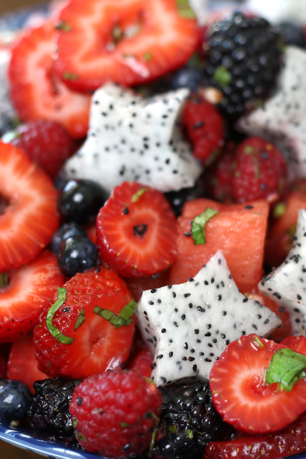 Dragonfruit Salad with the dragonfruit cut onto stars.