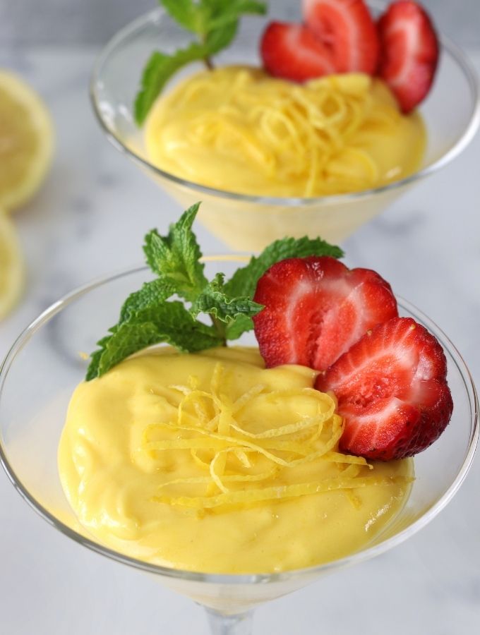 Two Zabaglione Italian Custards served in martini glasses.