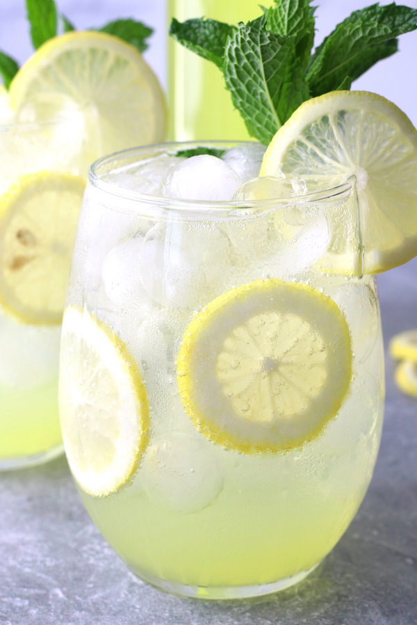 Spritz in a short wine glass made with Limoncello, Prosecco and sparkling water.