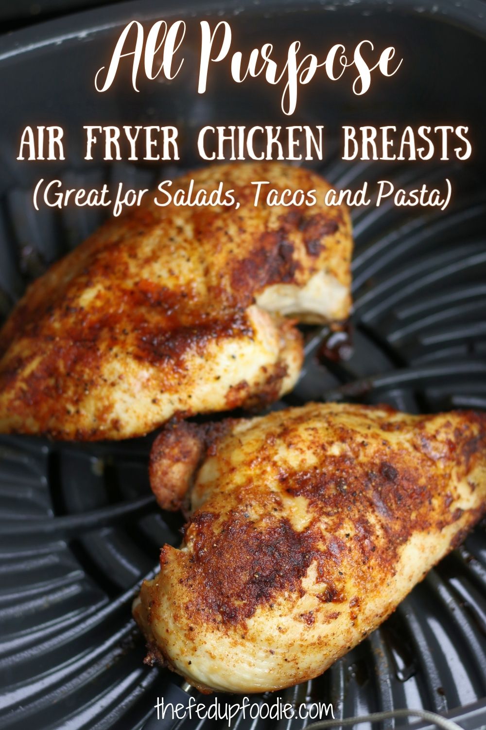 These all purpose Air Fryer Boneless Chicken Breasts are incredibly easy to make and work perfectly for all kinds of meals because they are juicy and flavorful. Make a batch and use for salads, casseroles, sandwiches, etc. 
#AirFryerBonelessChickenBreast #BonelessSkinlessChickenBreastInAirFryer #EasyJuicyAirFryerBonelessChickenBreast #BestAirFryerChickenBreast #JuicyChickenBreastAirFryer