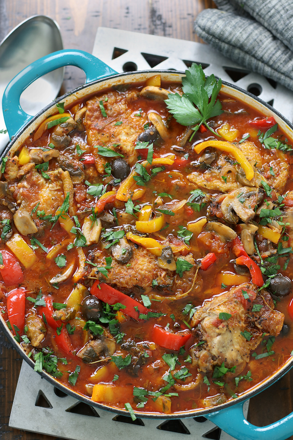 Overhead photo of prepared Chicken Cacciatore Recipe in a skillet pan.