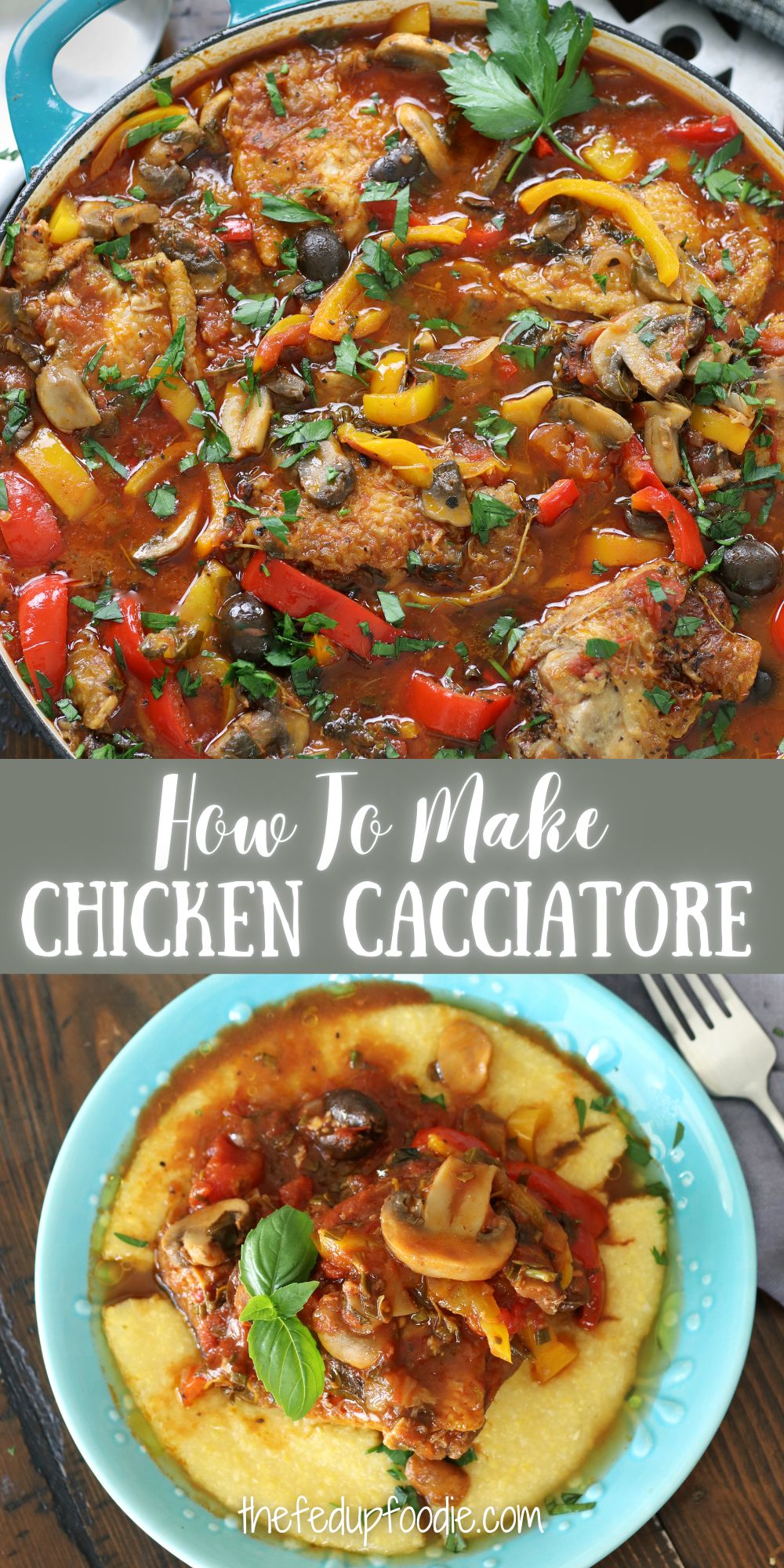 Seared chicken slow cooked in tomatoes and veggies creating a rich and rustic Italian stew. This Chicken Cacciatore has the perfect balance of tangy to sweet and salty. A wonderful family meal that is delicious on chilly evenings served with Garlic Bread and Creamy Polenta. 
#ChickenRecipes #ChickenCacciatore #ChickenCacciatoreRecipeEasy #ItalianChickenCacciatore #EasyChickenCatchatori #SlowCookerChickenCacciatore #StoveTopChickenCacciatore #ChickenCacciatoreOven