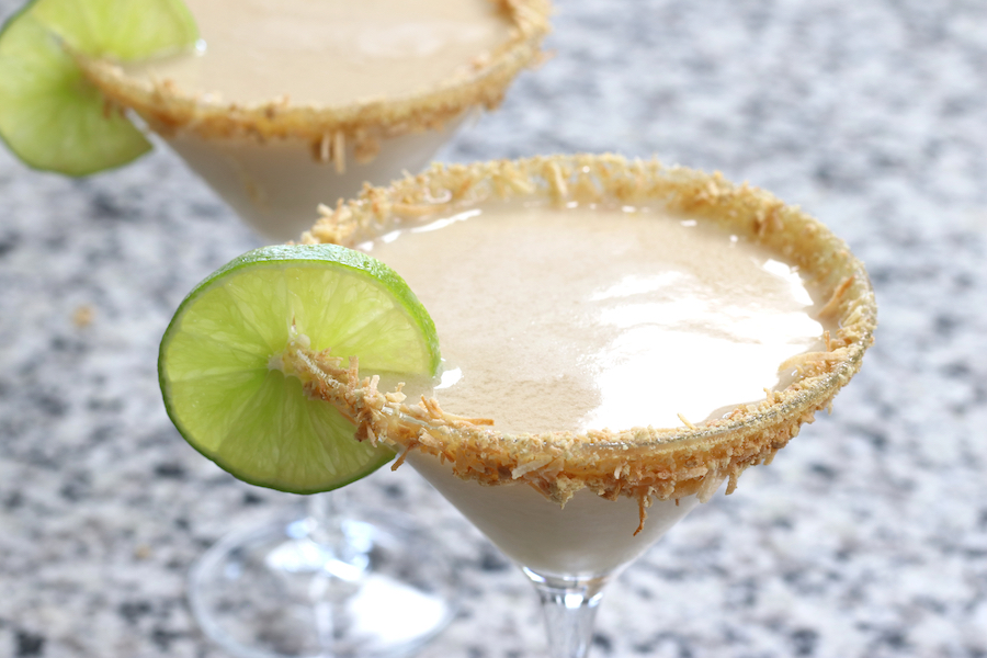 Overhead photo of Key Lime Pie Martini Recipe in a martini glass.