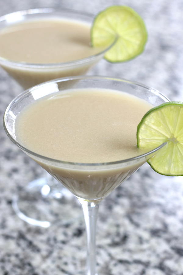 Up close photo of Key Lime Pie Martini served in 2 glasses.