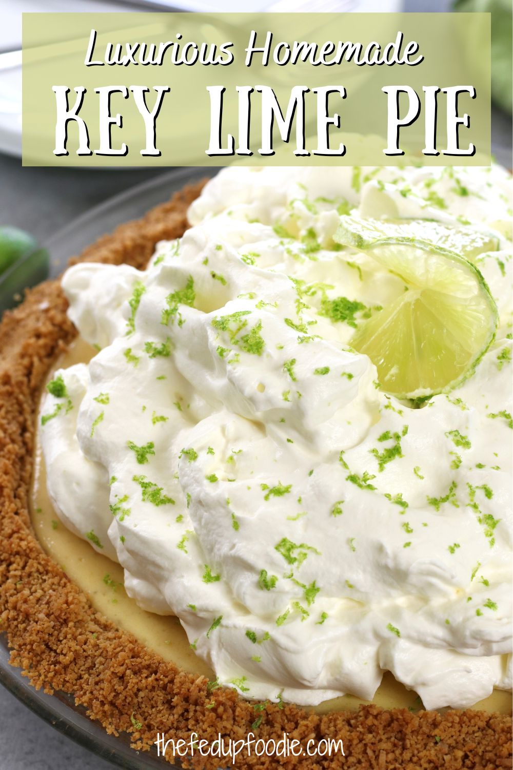 One of the easiest desserts for Summer, Easter and Thanksgiving, this Key Lime Pie recipe has a sweet and tangy key lime custard inside a crunchy graham and coconut crust and is topped with a fluffy lime whipped cream. This is the perfect dessert for anyone who loves citrus. 
#KeyLimePie #KeyLimeDesserts #LimePieRecipe #EasyKeyLimePie #EasyKeyLimePieRecipeCondensedMilk #BestKeyLimePie #KeyLimePieEasy