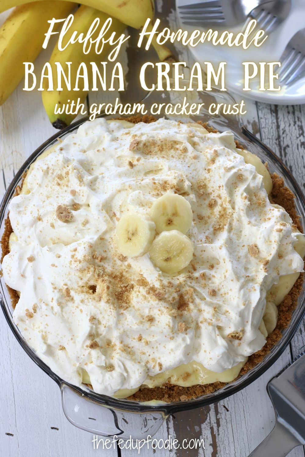 The perfect dessert for the holidays, this Banana Cream Pie has silky from-scratch pudding, a graham cracker crust and fluffy homemade whipped cream. This recipe version simplifies and streamlines the making of a gourmet tasting pie at home. #BananaCreamPie #BananaCreamPieRecipe #BananaCreamPieEasy #BananaCreamPieWithPudding #BananaCreamPieWithGrahamCrust #BananaPieRecipeEasy #BananaDessertRecipes