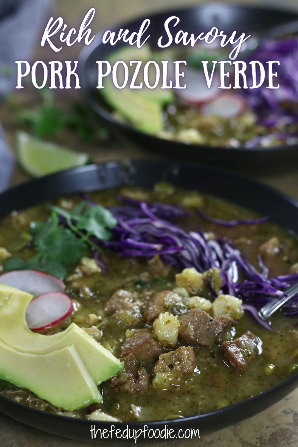 Pork Pozole Verde is a traditional Mexican stew with a deep rich flavorful broth, melt in your mouth pork and satisfying hominy. This is a perfect meal for parties and family gatherings. However, because it also freezes well it makes an incredibly comforting  and easy meal for busy nights. #PorkPozoleRecipe #PorkPozole #PorkPozoleVerde #PorkPozoleVerdeSoup #PosoleVerdePorkPozoleRecipe #PozoleVerdeWithPork #GreenPorkPozoleRecipe