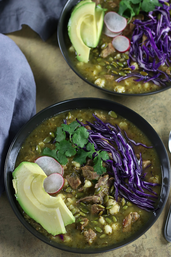 Overhead photo of two served bowls of Pozole Verde Recipe.