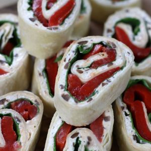 Up close photo of Spinach and Roasted Red Pepper Pinwheels.