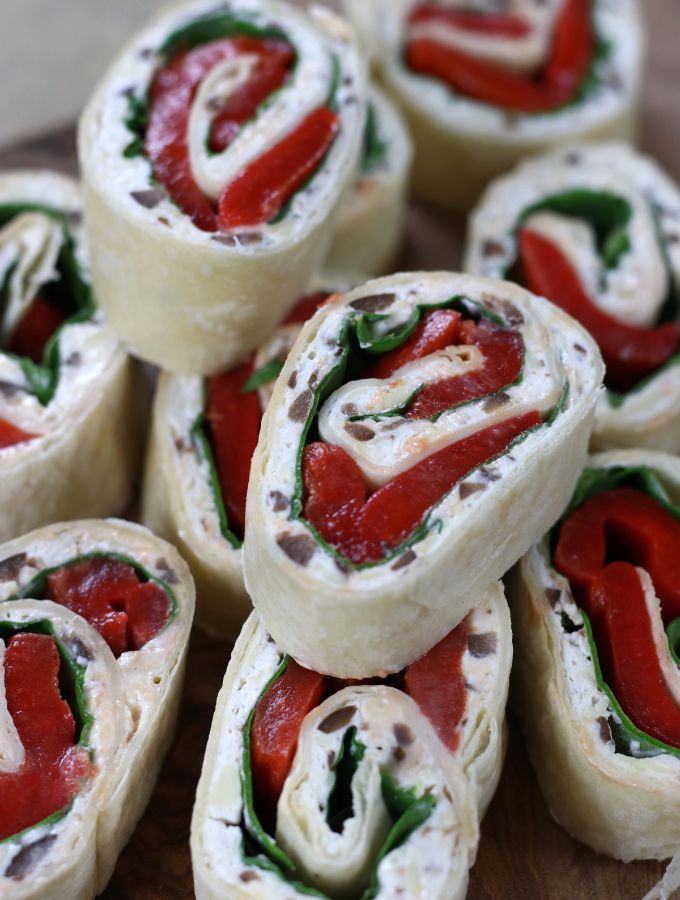 Up close photo of Spinach and Roasted Red Pepper Pinwheels.
