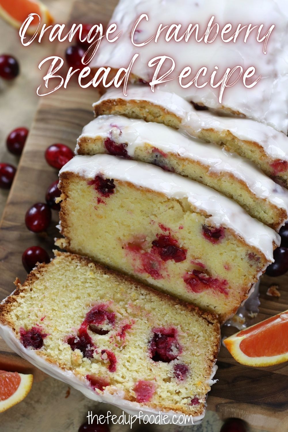 Orange Cranberry Bread is made with oil and yogurt which creates an incredibly moist and flavorful cake. This quick bread tastes of bright citrus that is balanced with tart cranberries and then topped with a sweet orange glaze. A dessert or breakfast that is very easy to make and no mixer is required. 
#OrangeCranberryBread #CranberryOrangeYogurtBread #EasyOrangeCranberryBread #OrangeCranberryBreadWithGlaze #CranberryOrangeBreadMoist #FreshCranberryRecipesBaking #HolidayBreadRecipes