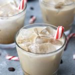 Up close photos of three glasses of Peppermint White Russian cocktail.