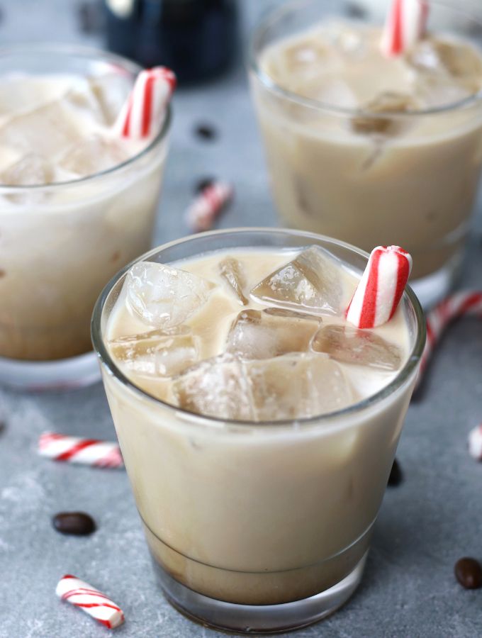 Up close photos of three glasses of Peppermint White Russian cocktail.
