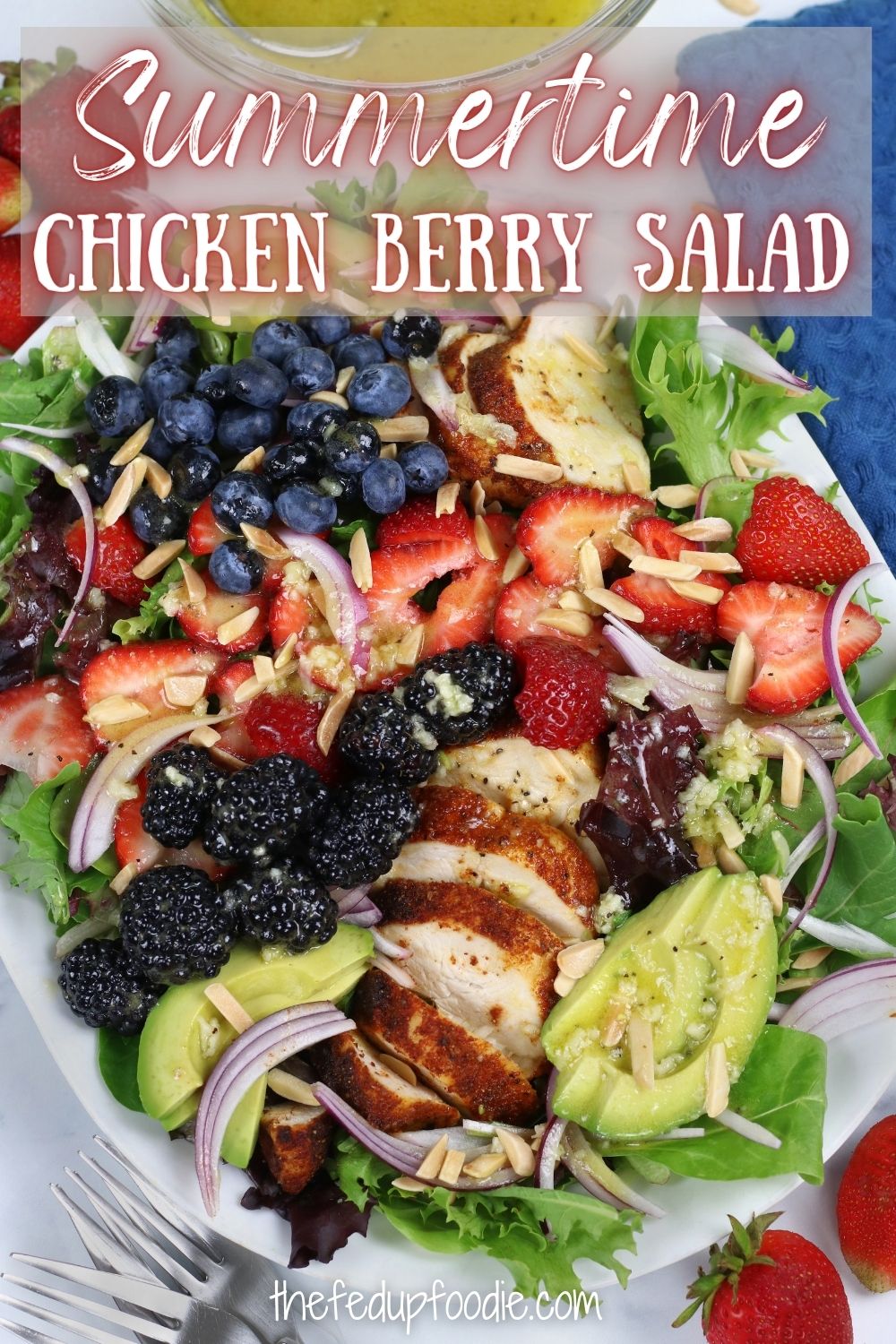 This Chicken Berry Salad is sweet, savory and refreshing. Made with All-Purpose Chicken Breasts, three different kind of berries, avocado and a homemade White Balsamic Vinaigrette. Topped with crunchy toasted almond slivers, this is a divine summer chicken salad. Included also are time saving tips for the easiest of weeknight dinners.
#ChickenBerrySalad #ChickenBerrySaladRecipe #SummerChickenBerrySalad #BalsamicChickenBerrySalad #WhiteBalsamicChickenBerrySalad