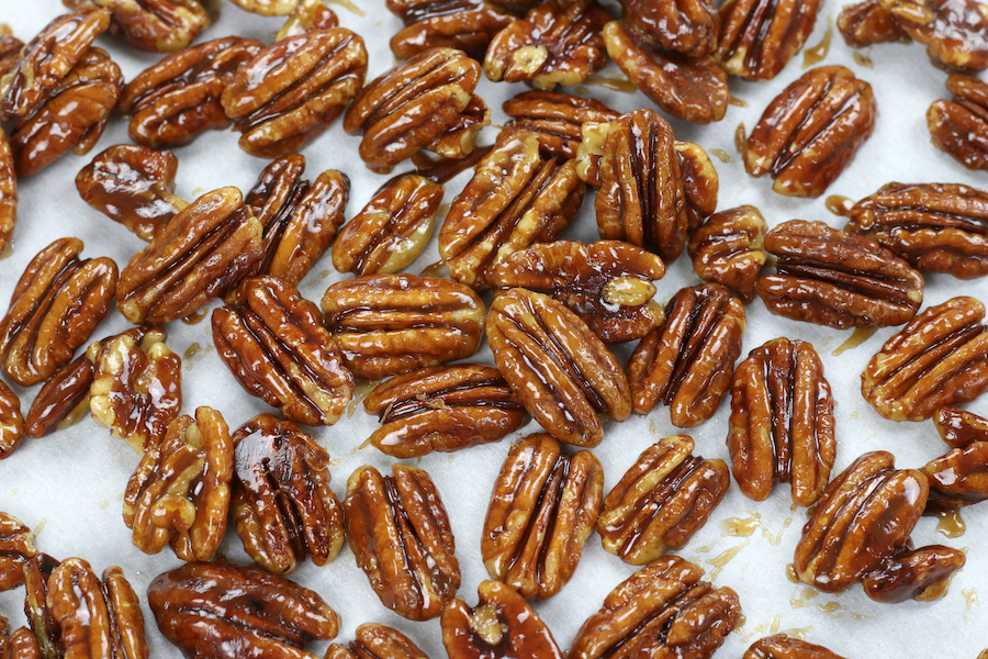 Candied Pecans made with Maple Syrup cooling after preparation.