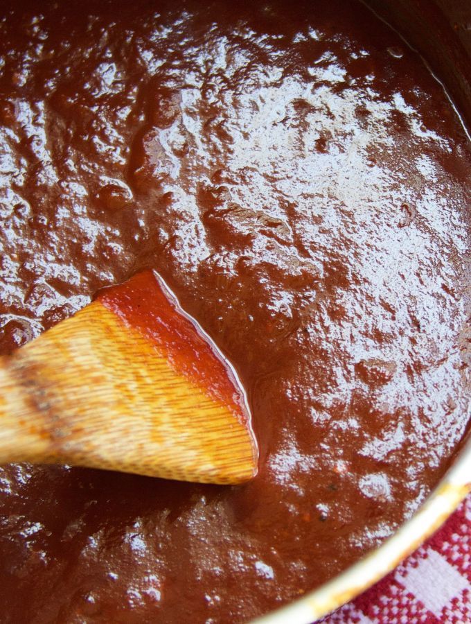 Overhead photo of Homemade BBQ Sauce in a saucepan.