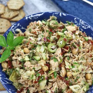 Overhead photo of Italian Chicken Salad Sandwich filling served in a bowl.