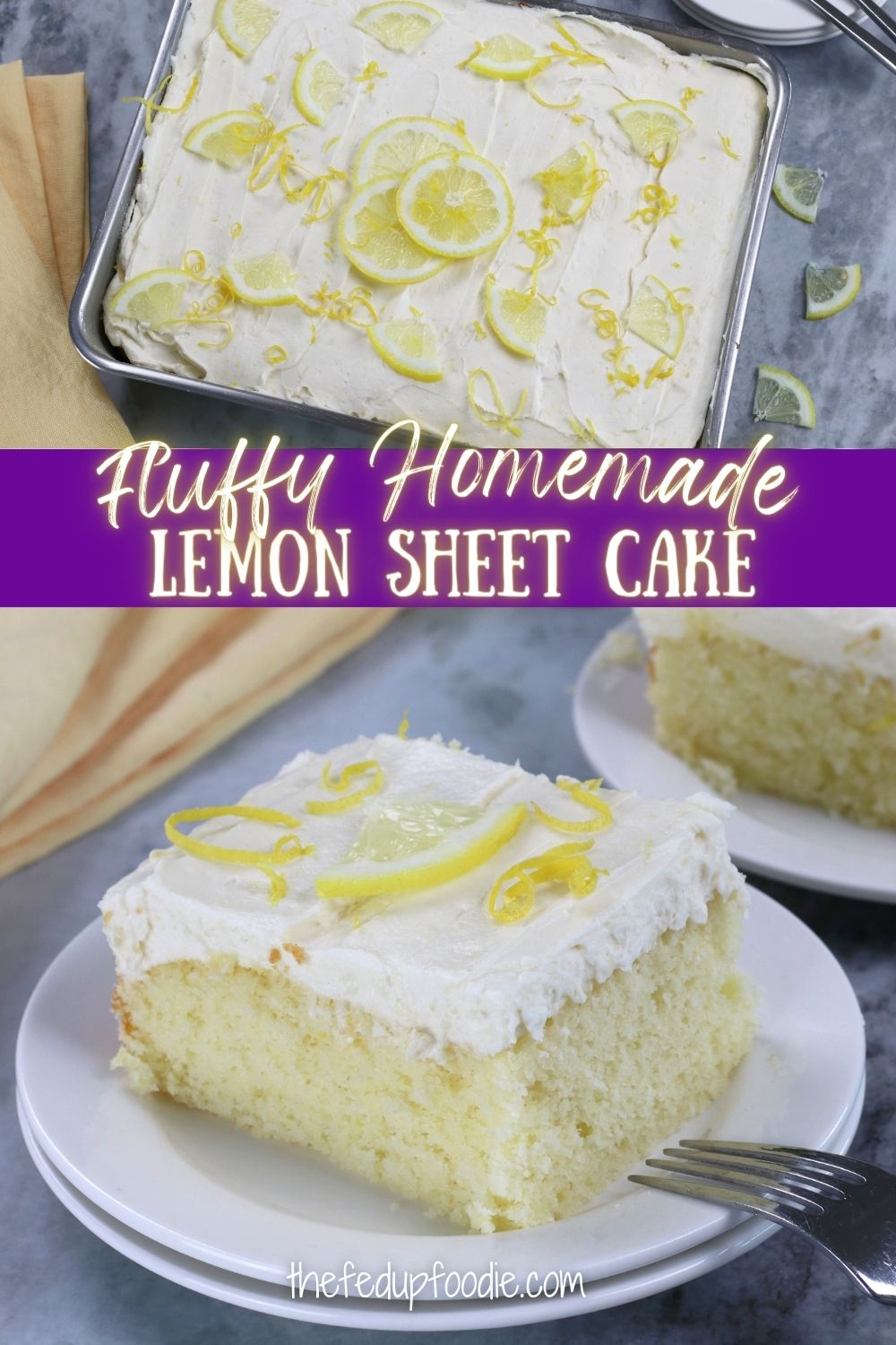 Welcome to a citrus lover's dream! This easy, from-scratch Lemon Sheet Cake recipe is a fluffy and bright dessert that simply sings of citrusy heaven. Topped with a velvety smooth lemon cream cheese frosting that is part whipped cream and part cream cheese. This family favorite dessert has the perfect balance of sweet to tang and is wonderful for holidays, summer BBQ's or just because. #LemonSheetCake #LemonSheetCakeRecipe #LemonSheetCakeRecipeFromScratch #EasyLemonSheetCake #EasyLemonCakeRecipeFromScratch #FromScratchLemonCake #EasyFromScratchLemonCake