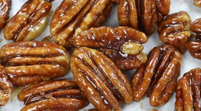 Up close photo of Maple Glazed Pecans.