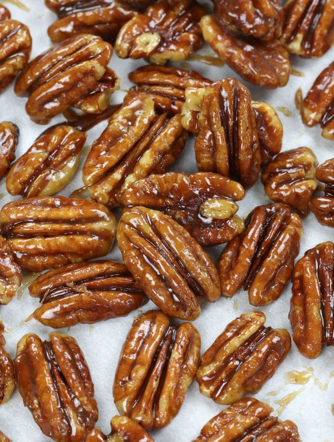 Up close photo of Maple Glazed Pecans.