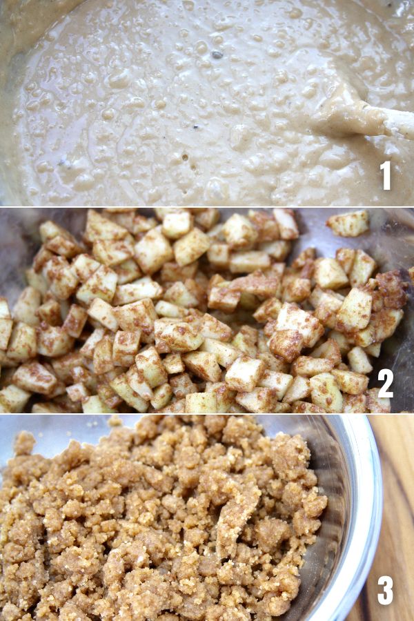 A collage showing the 3 steps in making Cinnamon Apple Muffin Recipe with the mixed batter being image 1, chunky spiced diced apple image 2 and the crumb topping image 3.