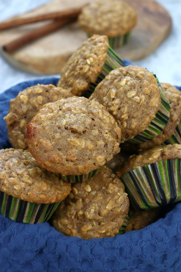 Several Oatmeal Applesauce Muffins in a bowl.