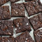 Overhead photo of Chewy Brownies cut into squares.