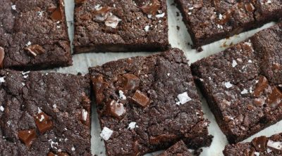 Overhead photo of Chewy Brownies cut into squares.