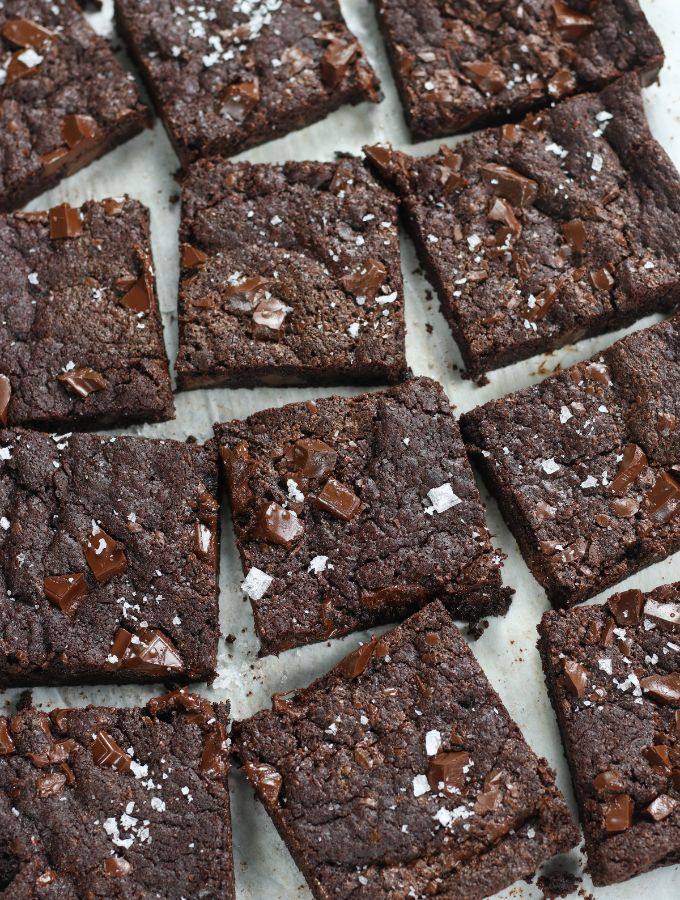 Overhead photo of Chewy Brownies cut into squares.