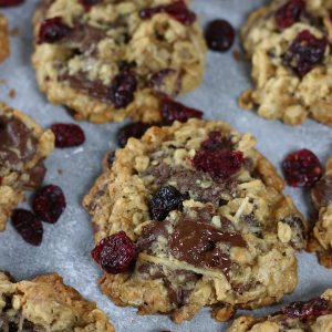 Oatmeal Cookies with Chocolate Chips and sweetened dried cranberries.