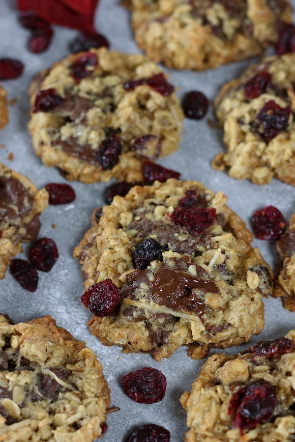 Oatmeal Cookies with Chocolate Chips and sweetened dried cranberries.