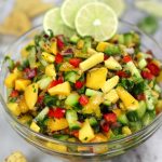 Mango Cucumber Salsa is a large clear glass bowl.