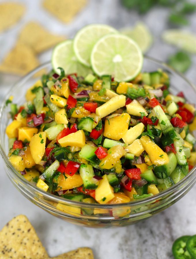 Mango Cucumber Salsa is a large clear glass bowl.