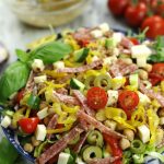 Close up photo of Italian Chopped Salad in a blue bowl.
