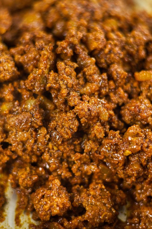 Close-up of glossy, saucy ground beef taco meat from this Ground Beef Taco Meat Recipe.